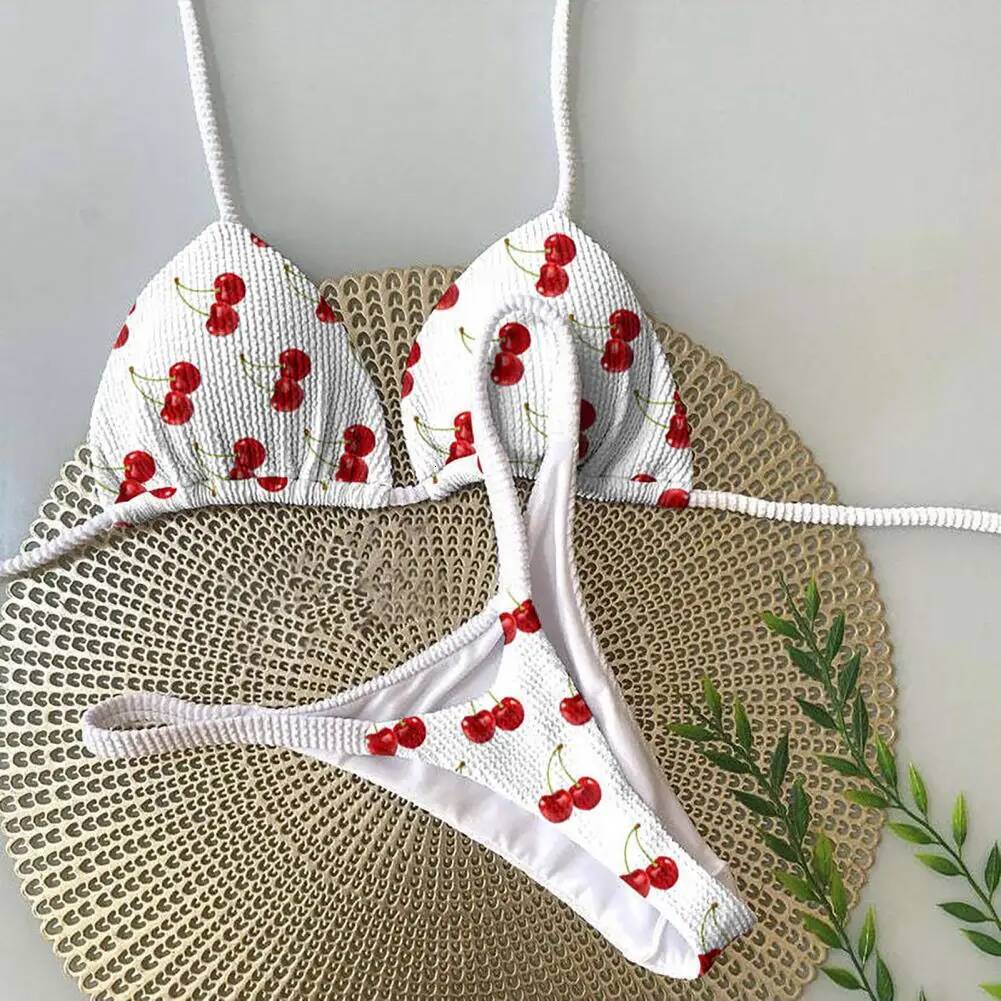 Breathable Leopard Halter Bikini Set Cherry Print Thong Swimsuit Sexy High Waist Lace-up Bathing Suit for Women