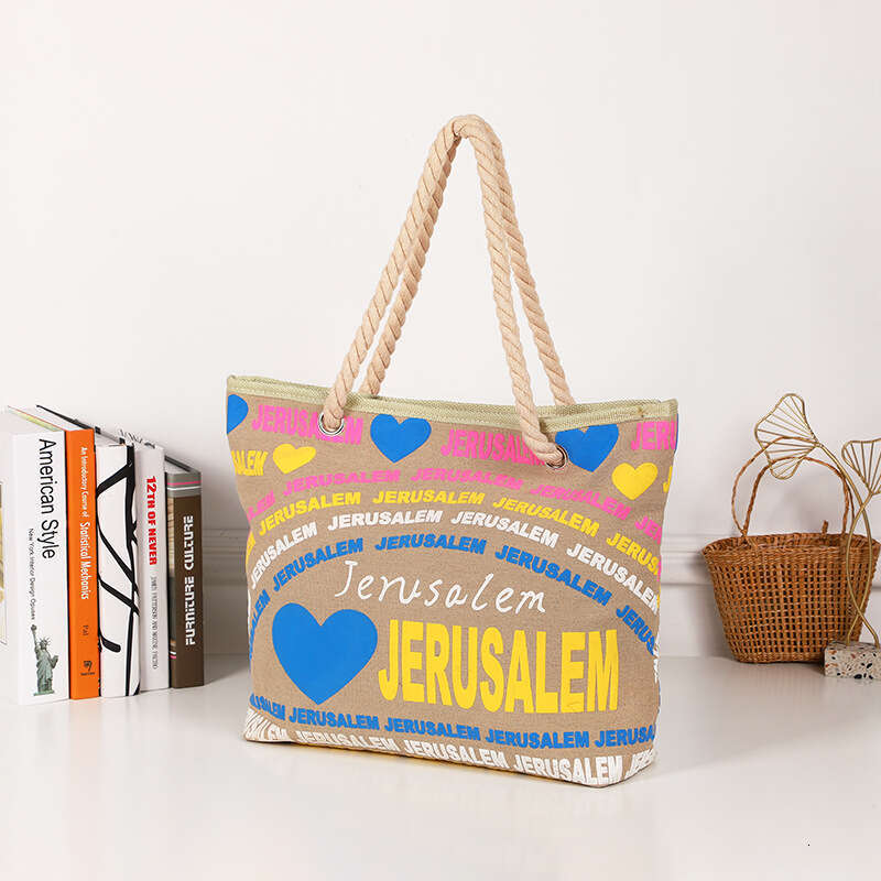 New Beach Printed Letter Personalized Shoulder Cotton Rope Tote Large Capacity Canvas Bag