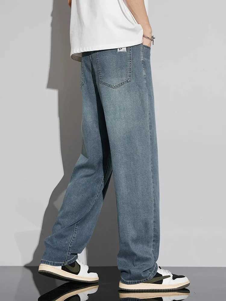 Mens Summer Ultra-Thin Lyocell Jeans 2025 Soft Loose Comfortable Wide-Leg Ice Silk Pants Retro Elastic Casual Trousers M250610