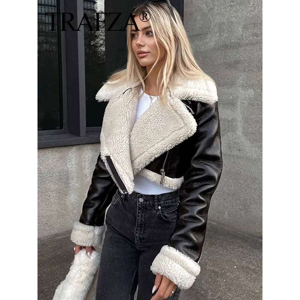 TRAFZA Women's Cropped Coat Black Wool Blends Coats Bomber Tweed Autumn Winter Leather Fur Crop Jacket