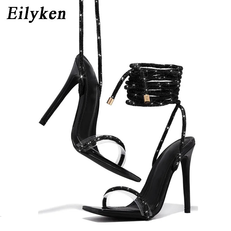 Eilyken Transparent Crystal Rhinestone Women Sandals Ankle Lace-up Square Toe Wedding Party High Heels Female Shoes 250610