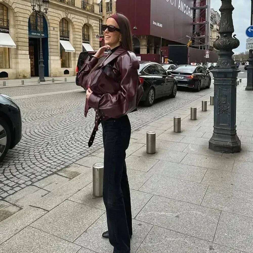 Pop Fashion Lapel Belt Crop Coat Women Elegant Long Sleeved Zipper Pu Jackets Lady Streetwears Clothing Leather Jacke
