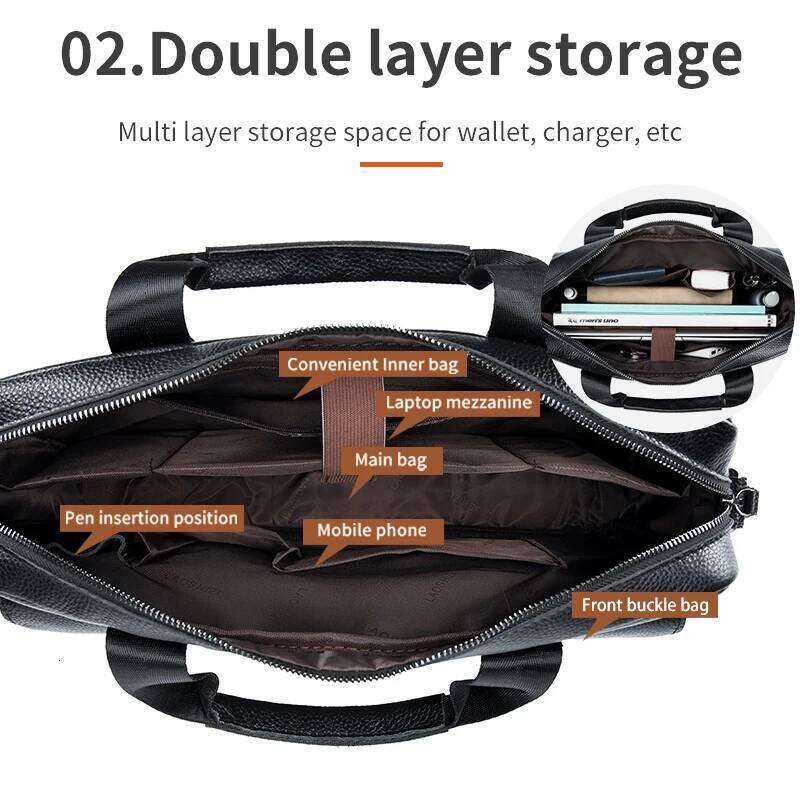 Men's Leather Briefcase, Vintage Cowhide Computer Double Front Large Bag Opening, Rear Lage Compartment Insert Bag,
