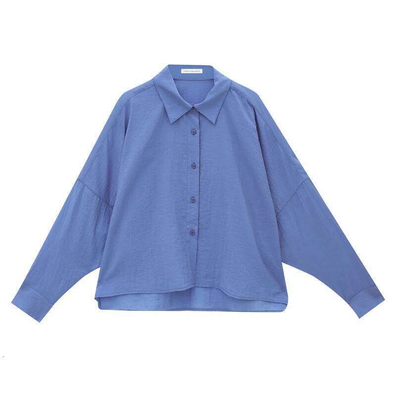 DEAT Fashion Blue Linen Irregular Sunscreen Shirt Women's Lapel Loose Fit Single Breasted Long Sleeves Short Blouse New 7Ab9147