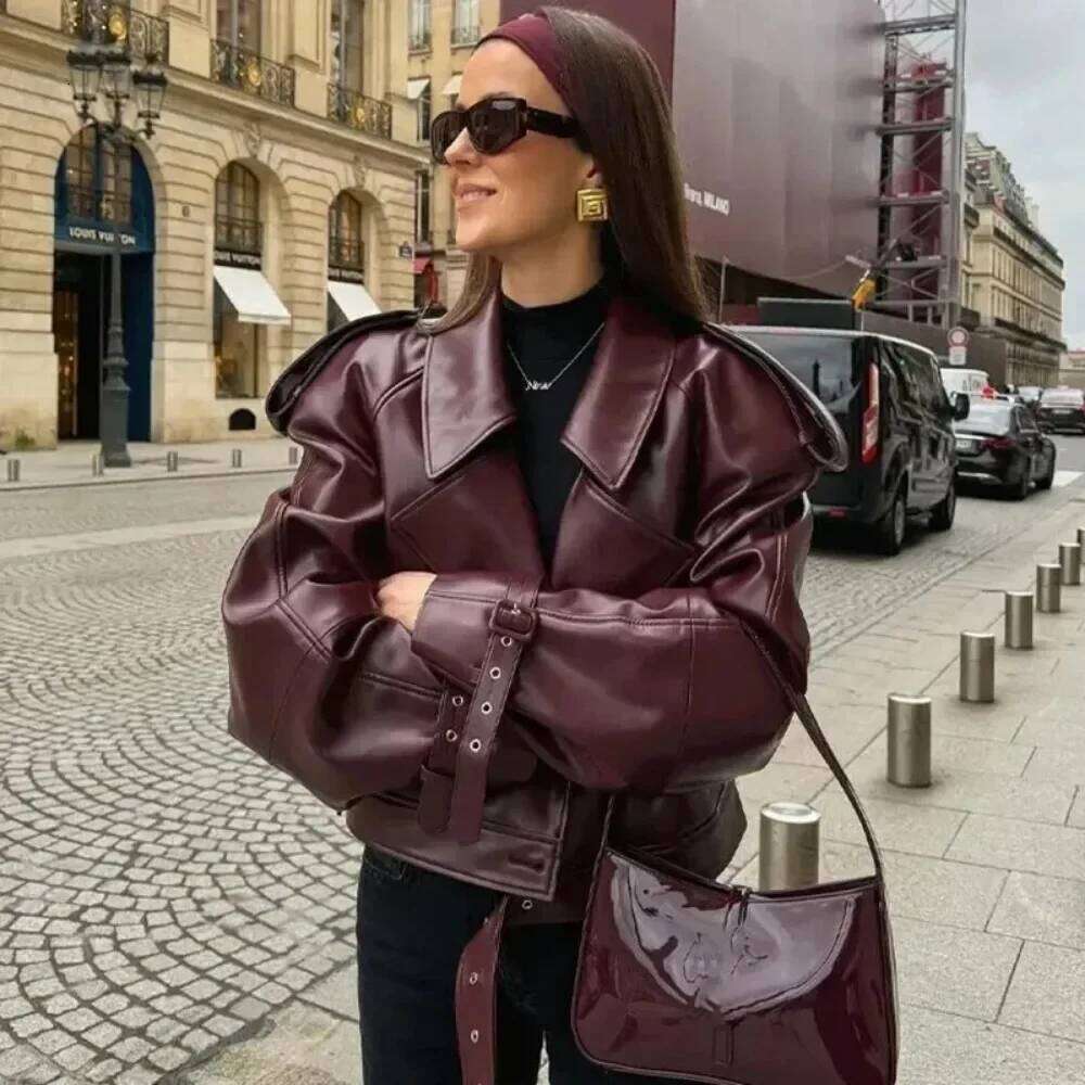 Pop Fashion Lapel Belt Crop Coat Women Elegant Long Sleeved Zipper Pu Jackets Lady Streetwears Clothing Leather Jacke
