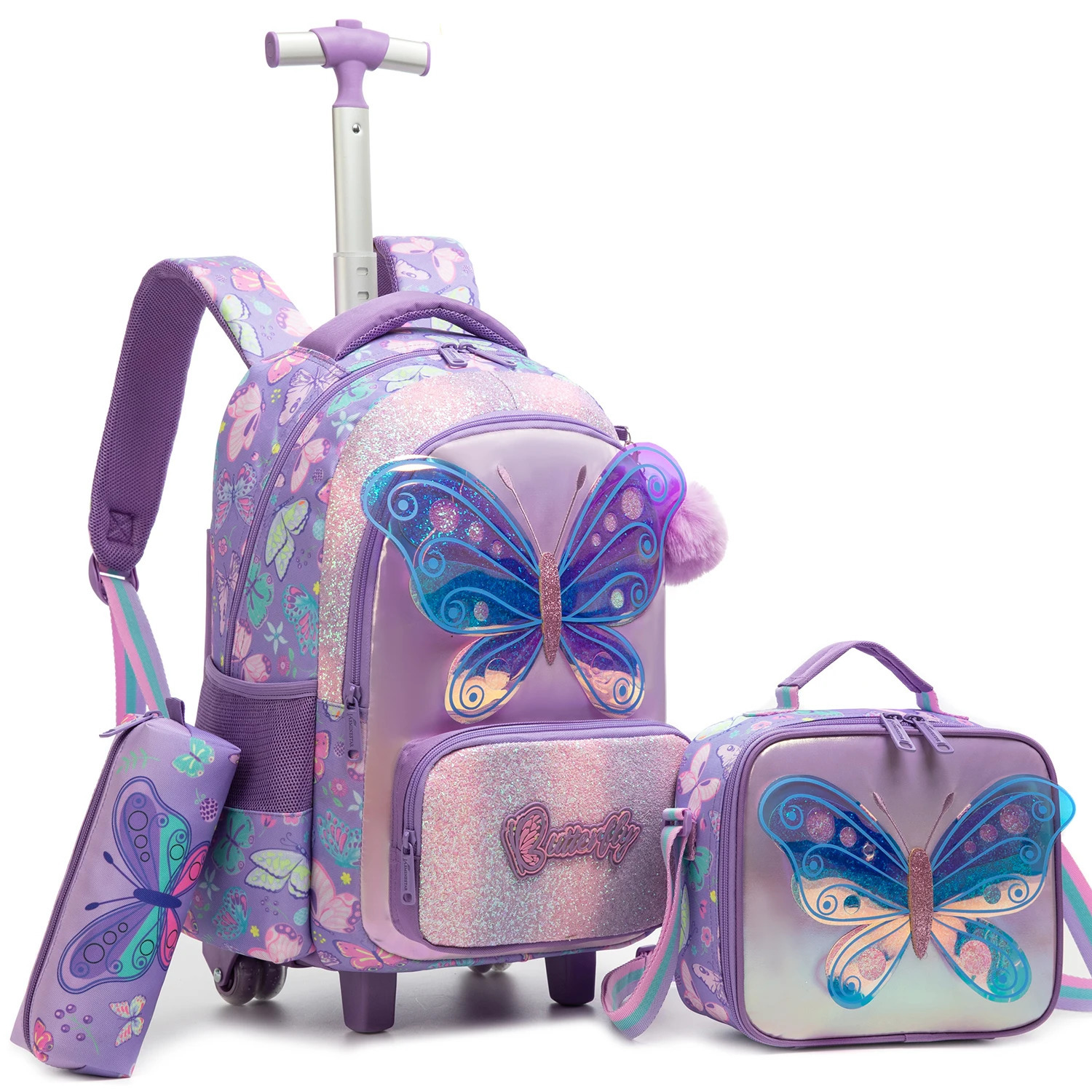 Girls Cute Rolling Backpack with Wheels 3pcs Set Roller Backpacks for Lunch Bag Wheeled Bookbag 250605