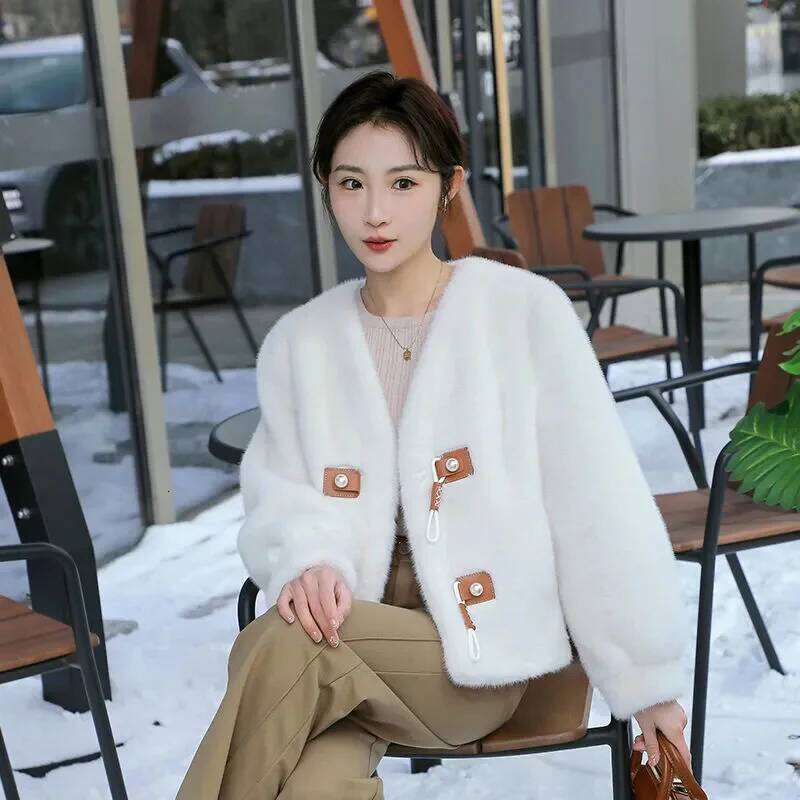 2024 Spring And Autumn Women Lazy New Eco Friendly Mink Fur Retro Chinese Loose Fit Coat Fashionable Pearl Buckle Cardigan