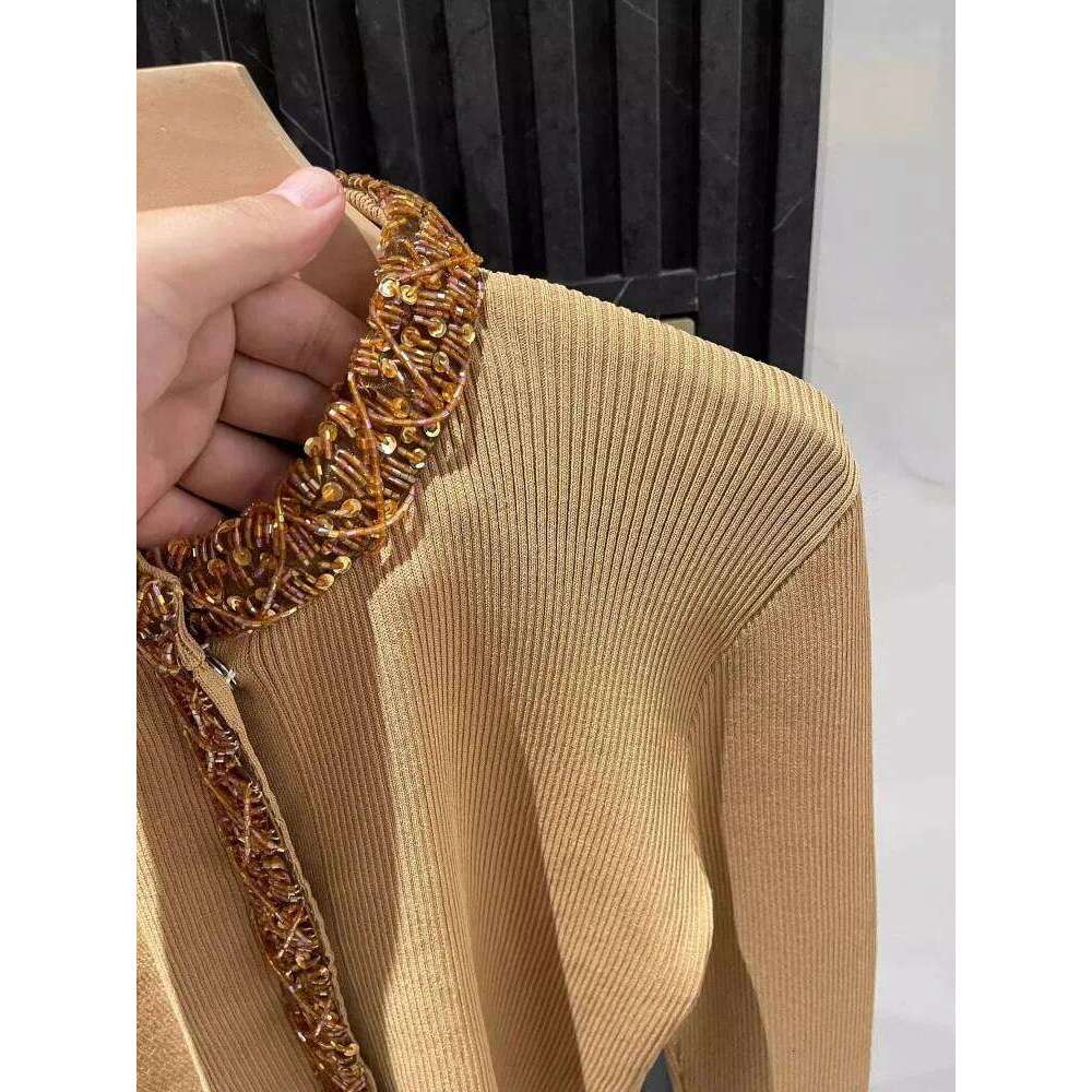 Autumn New Women Short Style Slim Fit Sequined Beading Knitted Jacket Sweater Cardigan Fashion Knitwear O Neck Long Sleeve Tops