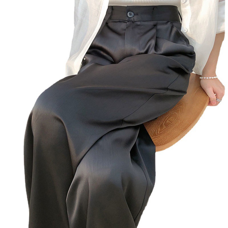 The/* - r * ow acetate satin straight black commuting wide leg with a slimming effect, loose fitting suit, casual women's pants for women Z260314