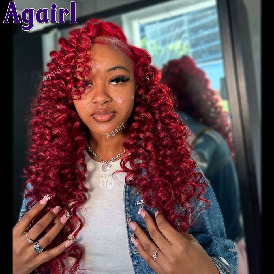 Bury 99J Human Hair Ready To Wear Pre Plucked Loose Curly Colored For Women 1B/Red Lace Frontal Wigs