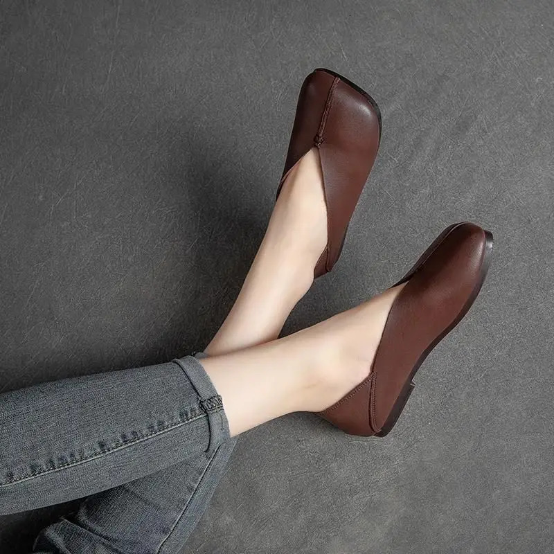 Womens Flat French Shoes Square Toe Genuine Leather Soft Sole Comfortable Pumps Fashion Loafers Casual spring autumn 250603