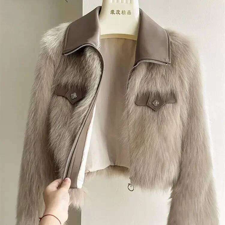 Pop Spring And Autumn Korean Chic Polo Collar Loose Clothing Winter Coat Faux Fox Fur Plush Short Jackets Women