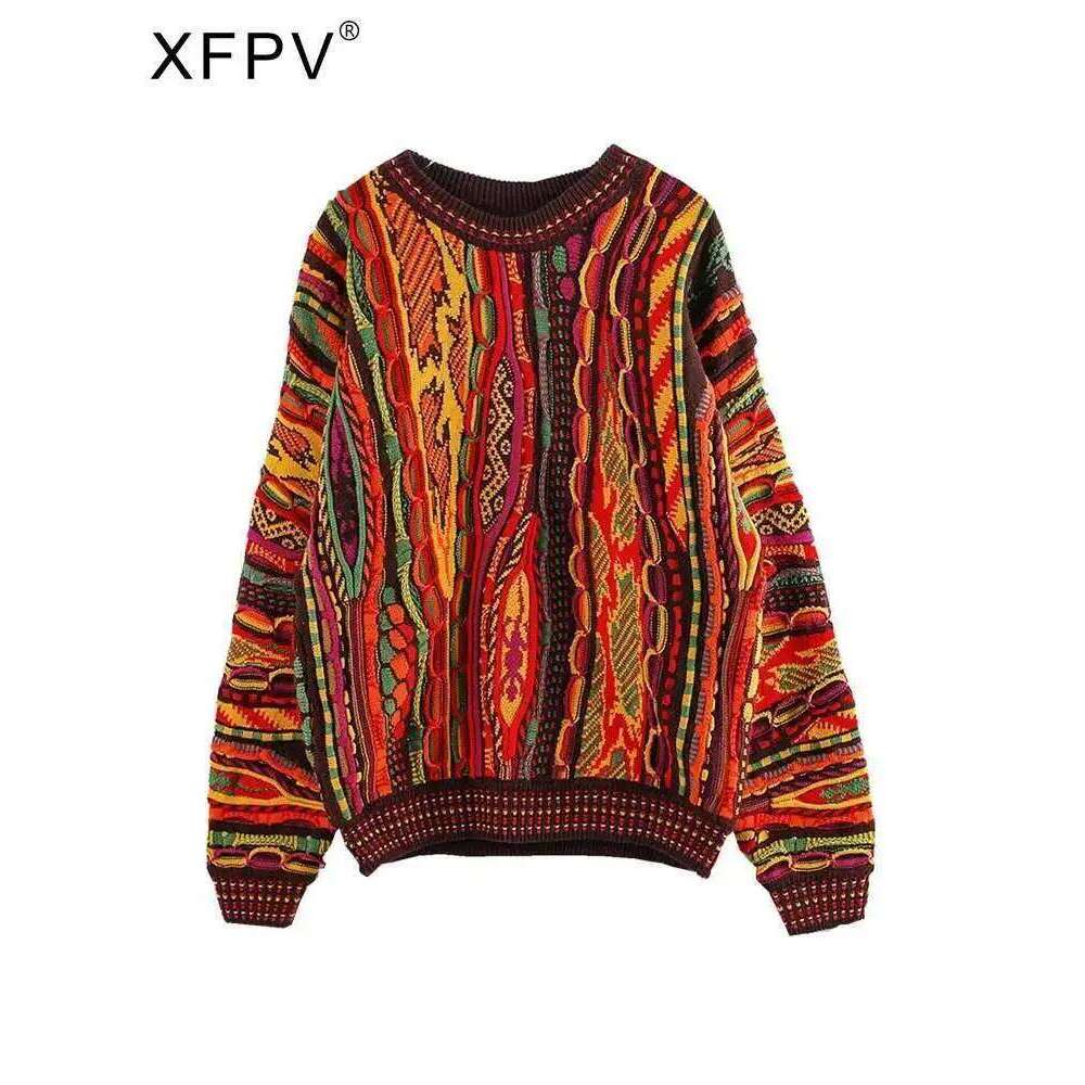 XFPV Sweet Stripe Long Sleeve Multicolor Loose Pullover O Neck Sweater For Women Y2k Korean Fashion Tide Autumn 2025 Sm114