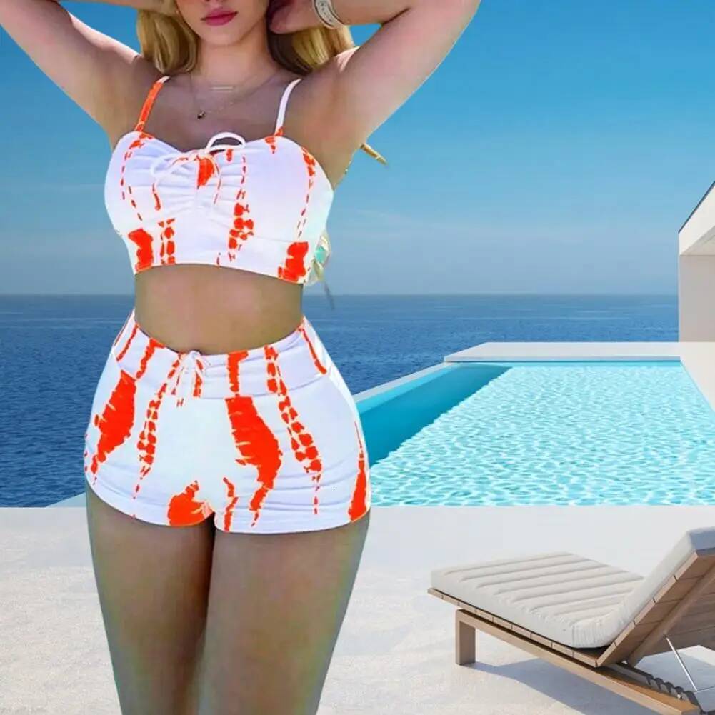 Swimsuit Stylish Lace-up Bikini Set with Push Up Design High Waist Elastic Band Women Contrast for Beachwear