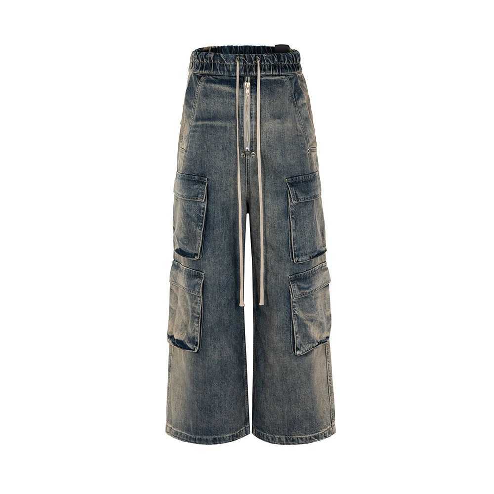 RO Style Gradient Ribbons Multi-pockets Drawstring Jeans for Men Harajuku Streetwear Baggy Y2K Denim Trousers Oversized Cargos M250610