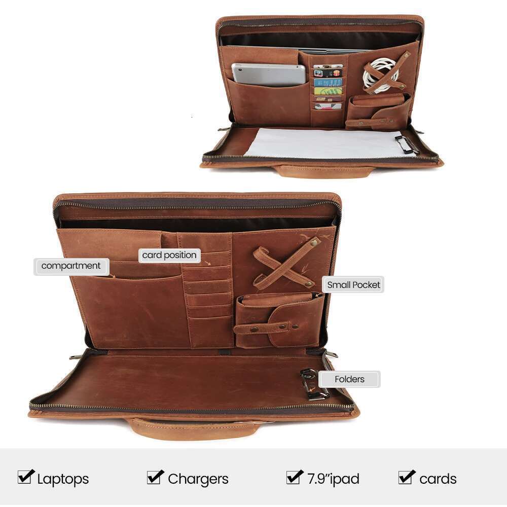 JOYIR Crazy Horse Leather Retro Men Briefcase For 15.6" Laptop 7.9" Ipad Handbag Business Portfolio Organizer Travel Office Bag