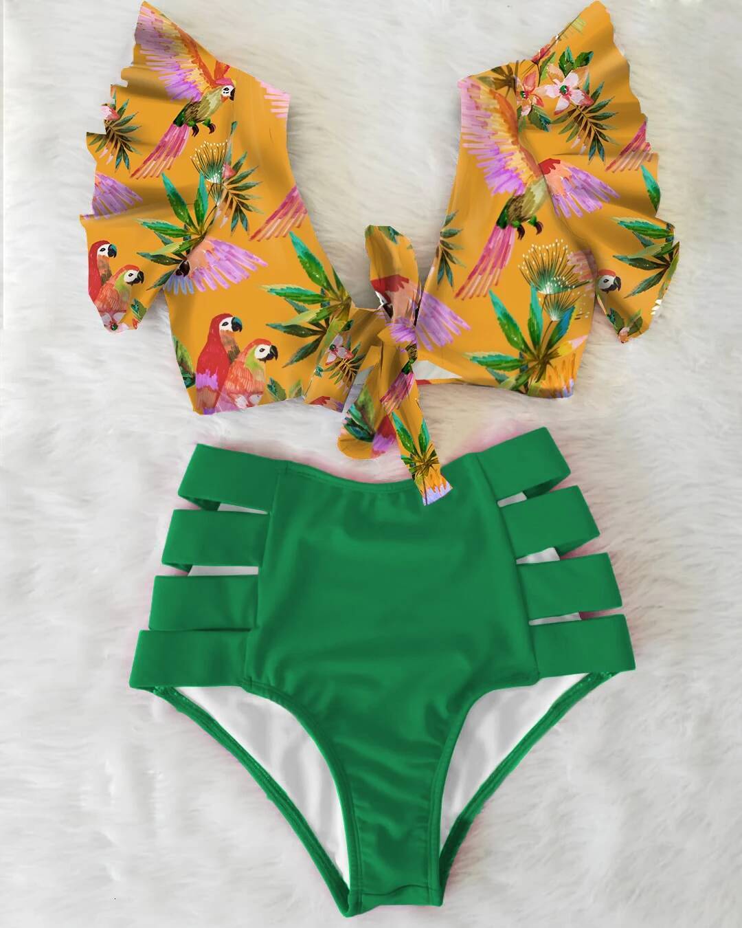 2025 New Floral Ruffled Bikini Set Women V-neck High Waist Two Piece Swimsuit Girl Beach Bathing Suit Swimwear Biquinis
