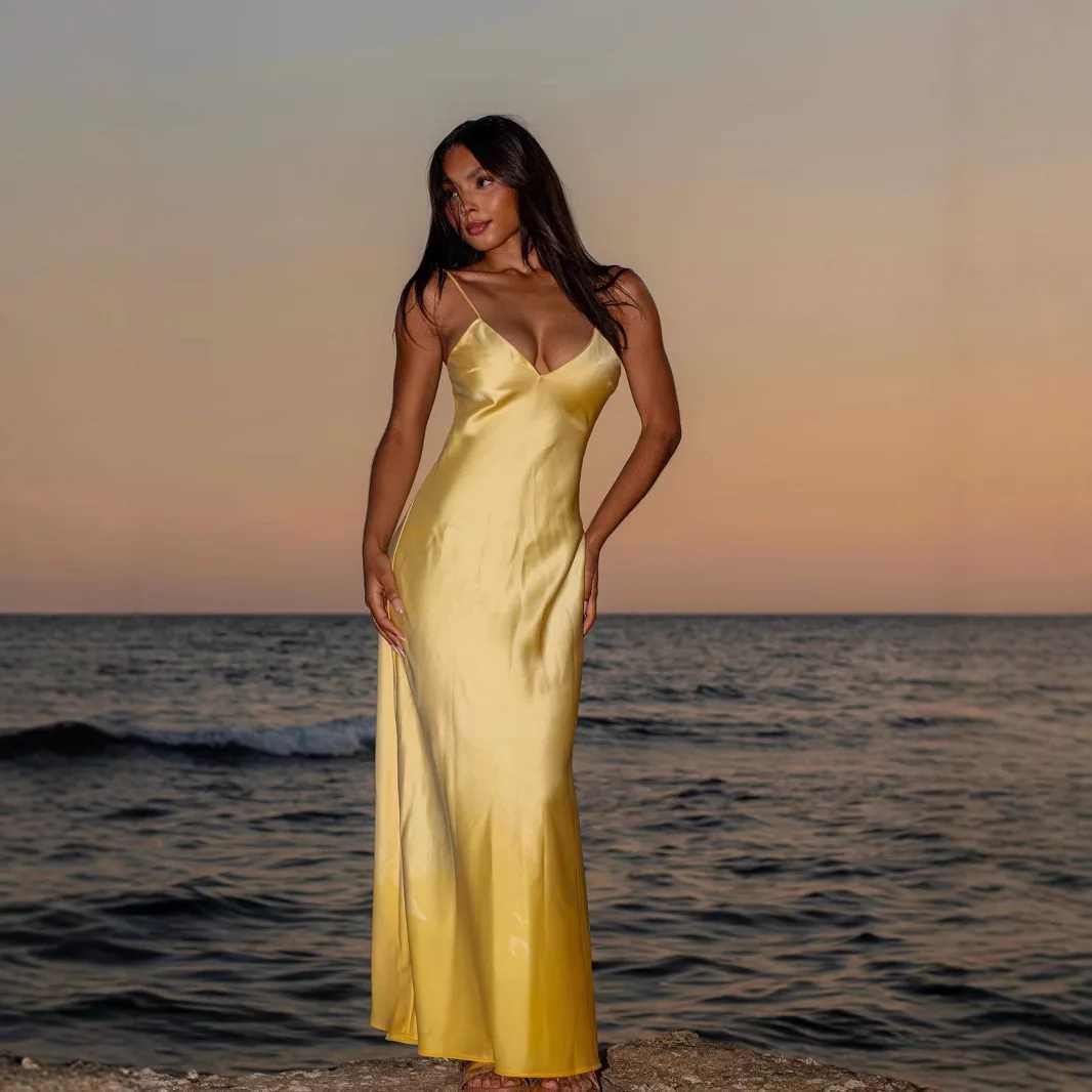 Women Solid Satin Sexy Long Dress V Neck Elegant Yellow Bodycon Backless Spaghetti Strap Dresses Lady 2025 Vocation Party Gowns XJ250610