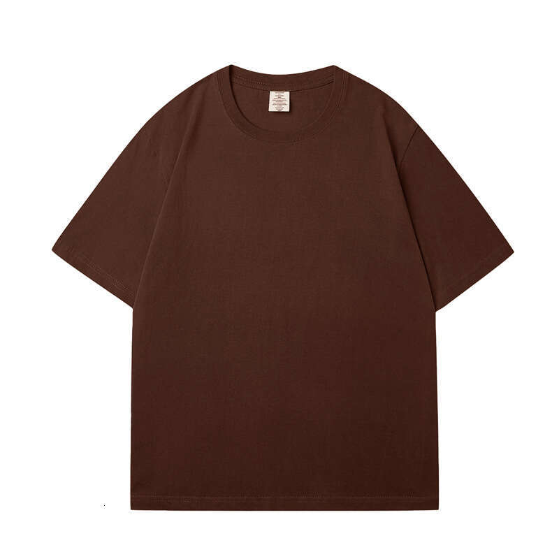 Short Sleeve Summer Round Neck 230g Pure Cotton Tee Small Neckline Solid Color Youth Unisex Regular Shoulder T-Shirt-dark brown
