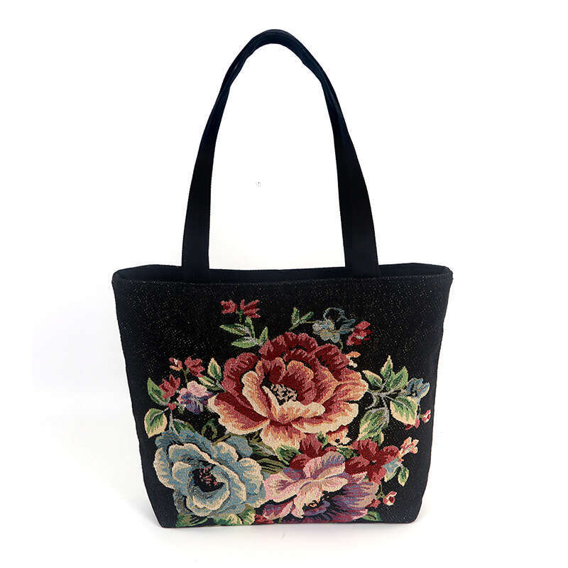Canvas Tote Jacquard Embroidery Handbag Ethnic Style Office Casual Zipper Small Handheld Bag