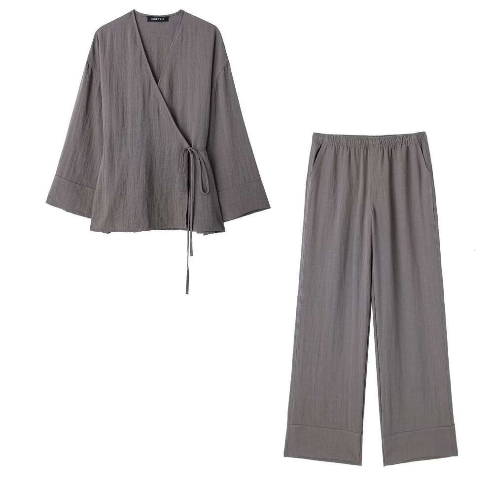 Wind Texture Double Collar Kimono Outerwear27743textured Pajama Style Pants27431set B5