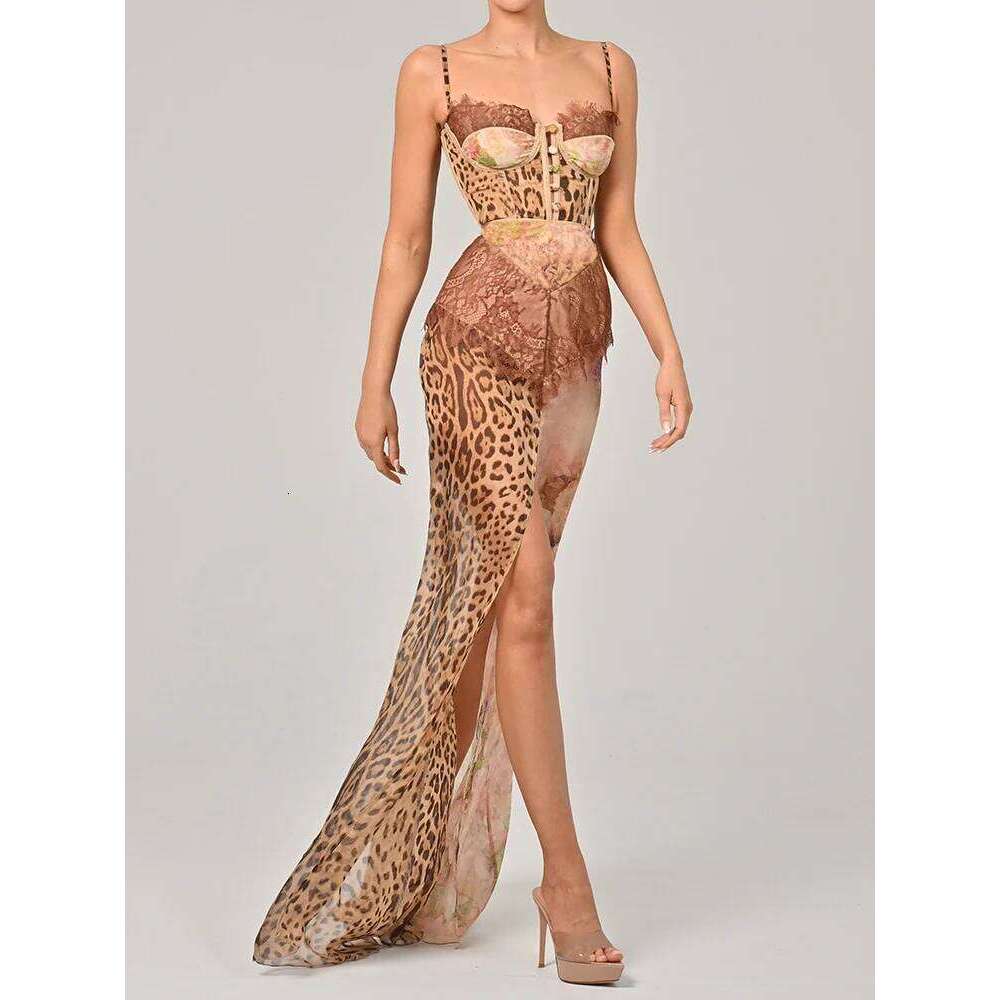 Mozision Leopard Print Lace Split Sexy Maxi Women Gown Elegant Patchwork Chiffon Sleeveless Backless Beach Evening Dress