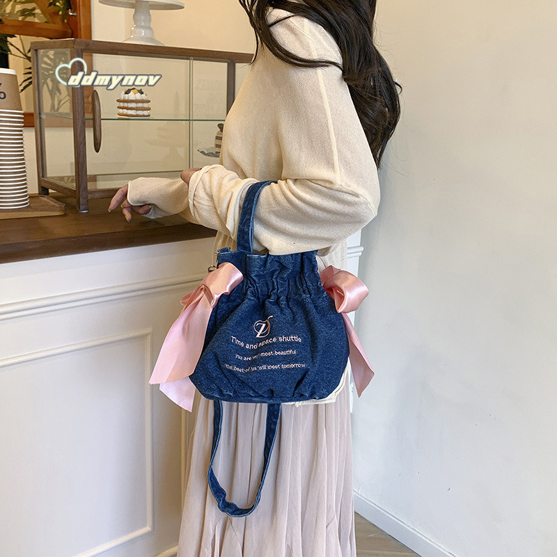 Cherry Blossom Fan Strap Fresh Style Drawstring Bucket Cute Girl Bowknot Shoulder Bag Large Capacity Handbag ddmynov