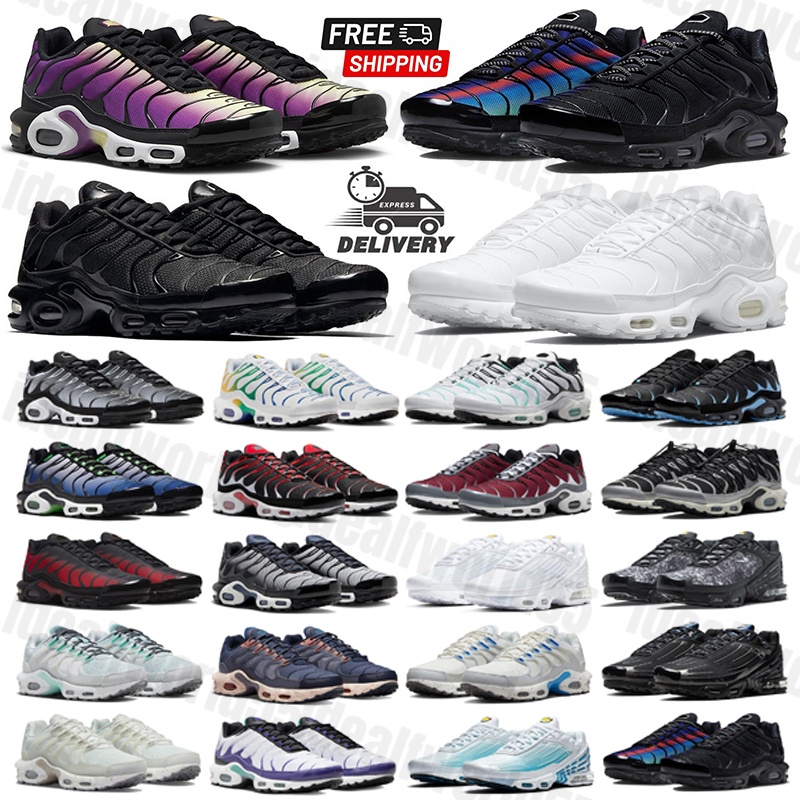 Mens trainers Tn Plus designer shoes mans shoes Triple Black white Unity Leather rubber Running Shoes tn Metallic Silver Black Reflective Outdoor sneakers tns