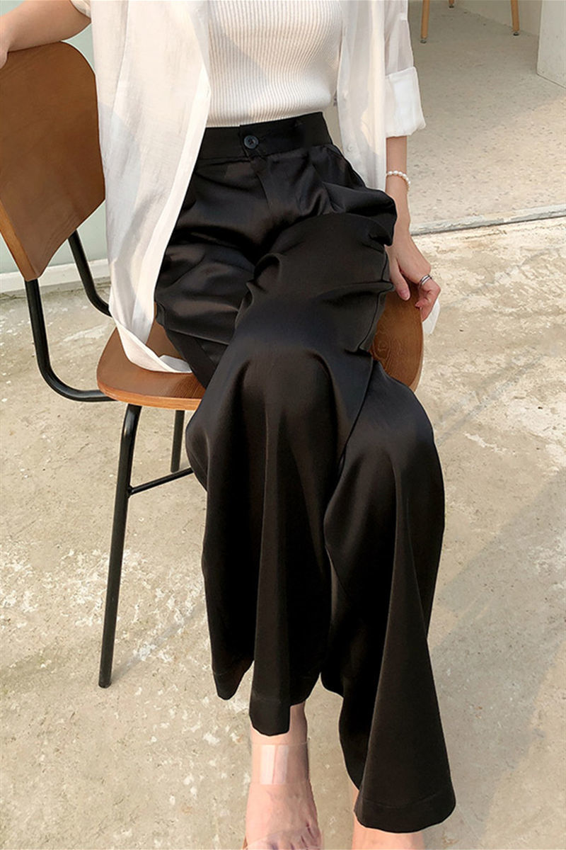 The/* - r * ow acetate satin straight black commuting wide leg with a slimming effect, loose fitting suit, casual women's pants for women Z260314