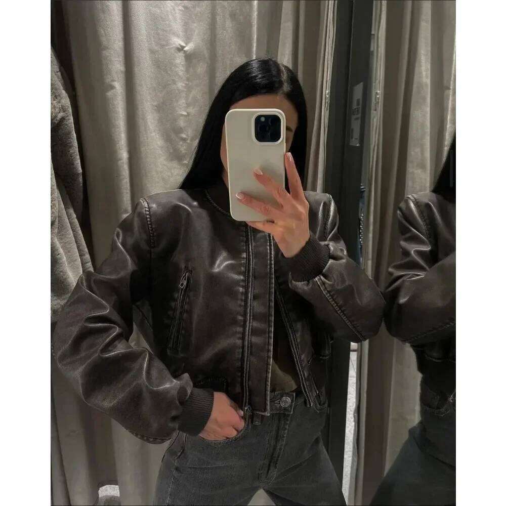 Women Washed Faux Leather Loose Jacket Vintage Gradient Zipper Short Spring Lady Locomotive Chic Eco-Friendly Leather Coat