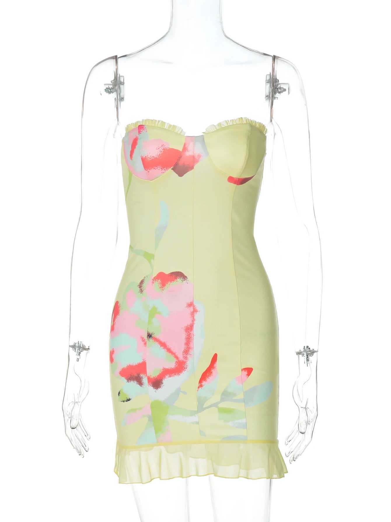 Hugcitar Floral Print Ruffles Strapless Elegant Sexy Slim Cute Mini Dress Summer Women Fashion Outfits Beach Festival Birthday XJ250610