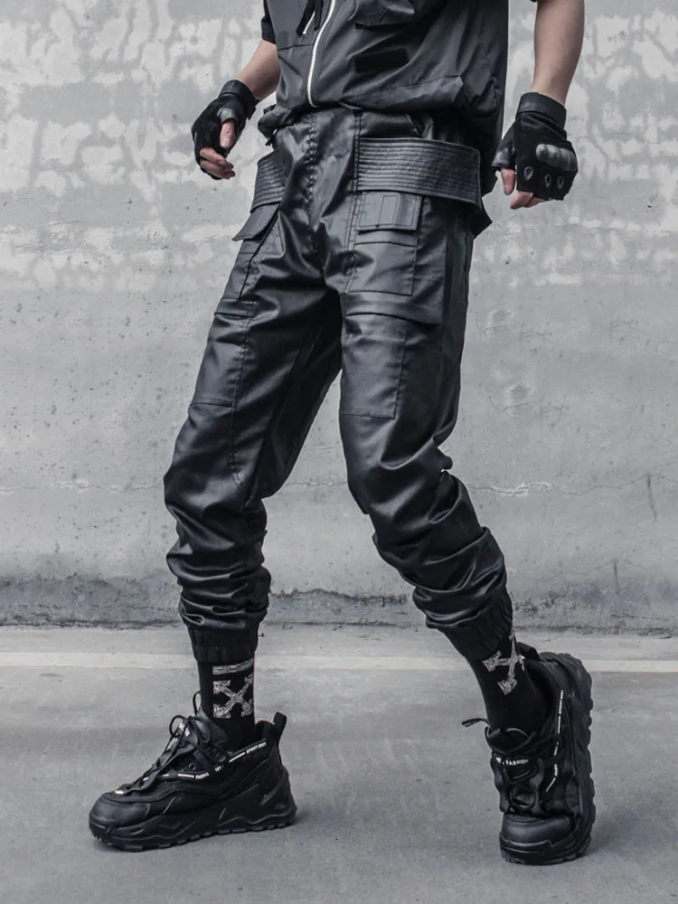 Waxy Coating Punk Hip Hop Cargo Pants Mens Multi-pockets Motorcycle Techwear Functional Joggers Street Casual Trousers 250609