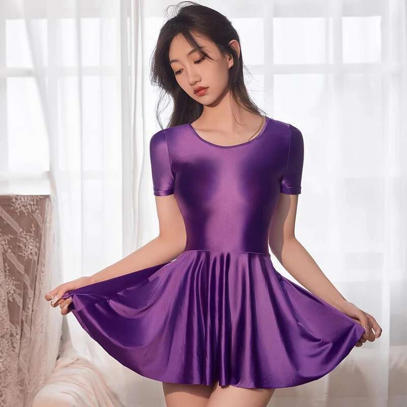 Sexy Gloss Tights summer dress Short sleeve round neck Shiny One piece swimsuit short skirt sports Oil swim body suit