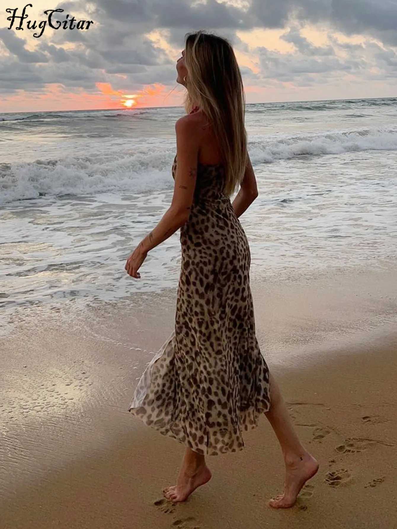 Hugcitar Women Fashion Leopard Print Strapless Slit Sexy Bodycon Midi Dress Summer Y2K Outfits Beach Vacation Club Sundress XJ250610