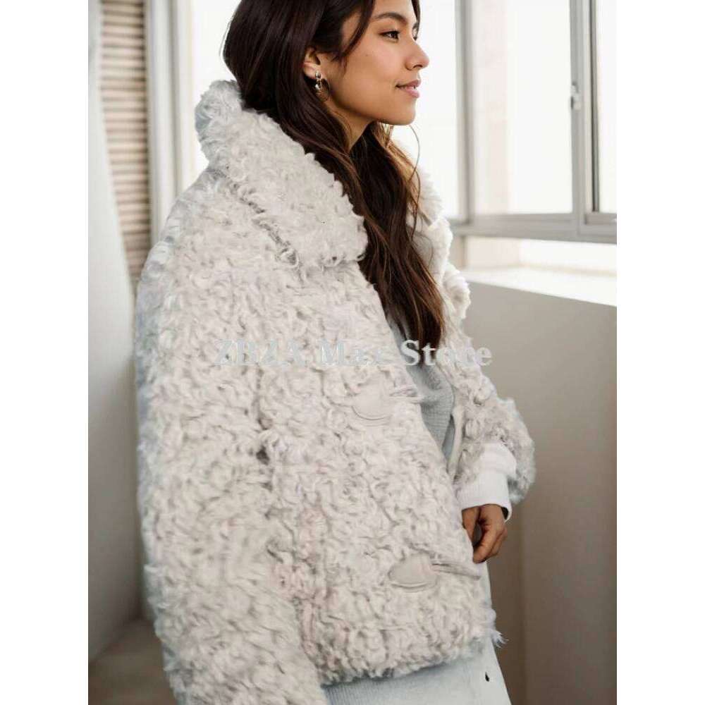 ZBZA Women's Thick Warm Lamb Jacket Solid Lapel Long Sleeved Single Breasted Pocket Faux Fur Outerwear Winter Female Chic Coat