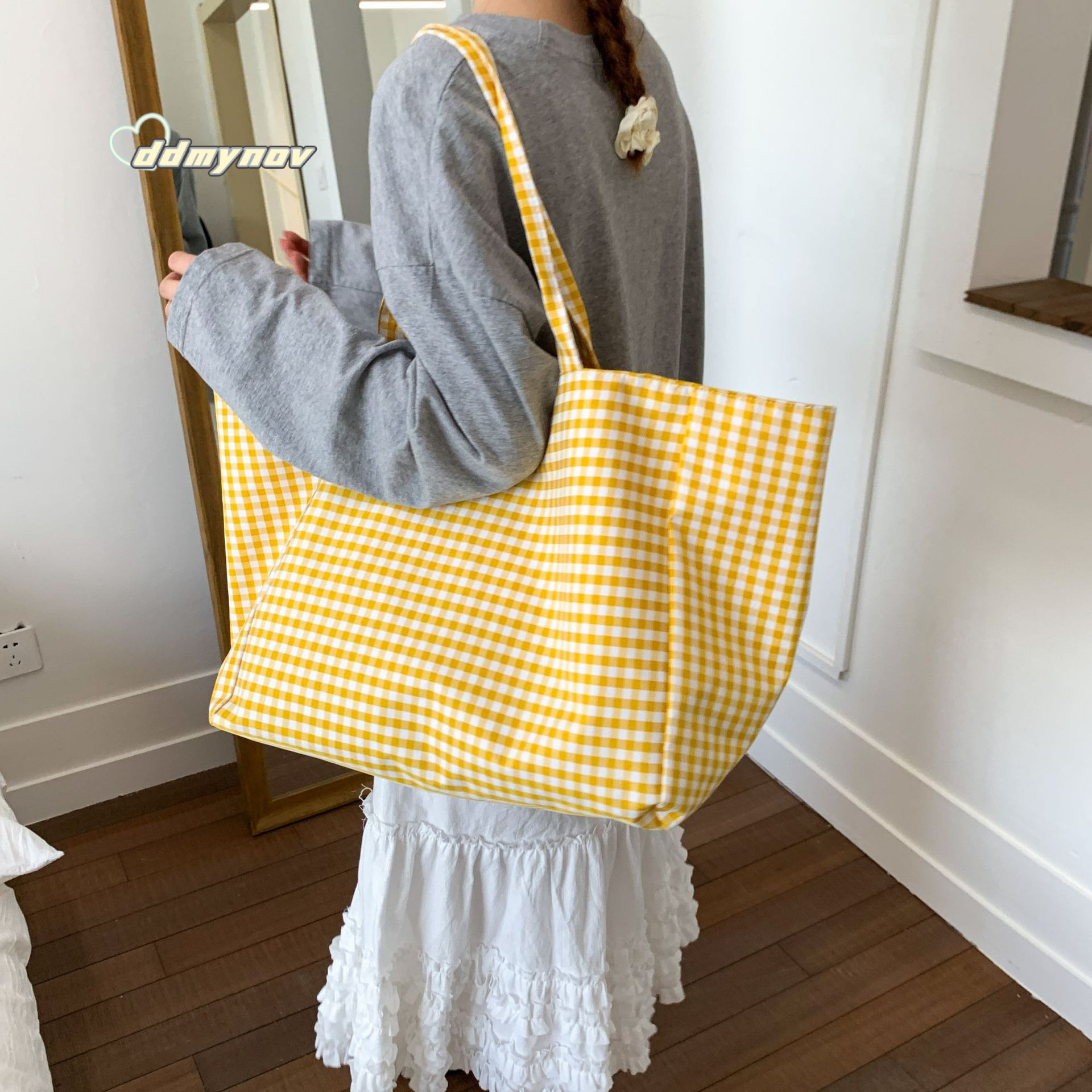 Korean Dongdaemun Large Capacity Plaid Tote Ins Trendy Fashion Artistic Lazy Shoulder Underarm Bag ddmynov
