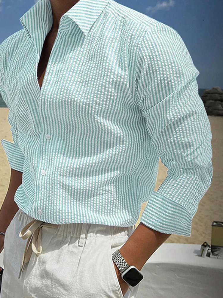 Stylish Long Sleeve Striped Shirts Mens Summer Vintage Turn-down Collar Button-up Shirt Tops Men Daily Casual Breathable Shirts 250606