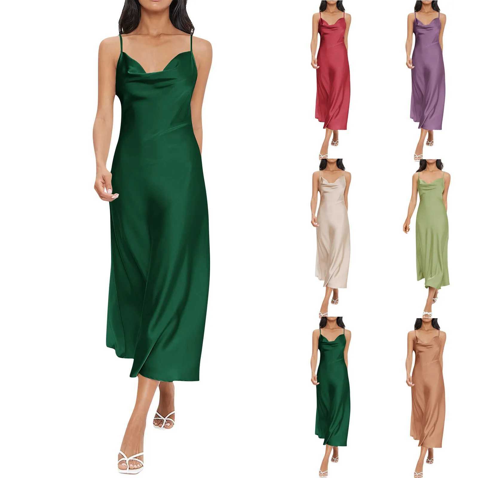 Ladies Elegant Summer Fashion Solid Color Satin Silk Suspender Dress Deep V-neck Slim Fit Pleated Dress For Evening Parties XJ250610