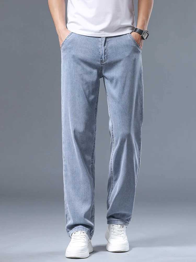 Summer Ultra-thin Mens Jeans Lyocell Soft Breathable Loose Straight Light Blue Denim Pants Business Casual Ice Silk Trousers M250610