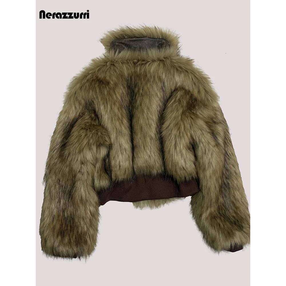Nerazzurri Winter Cool Short Warm Thick Hairy Shaggy Faux Fur Coat Women Zipper Chic Designer Clothes Fluffy Jacket 2025