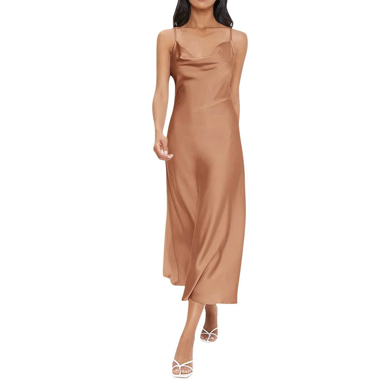 Ladies Elegant Summer Fashion Solid Color Satin Silk Suspender Dress Deep V-neck Slim Fit Pleated Dress For Evening Parties XJ250610