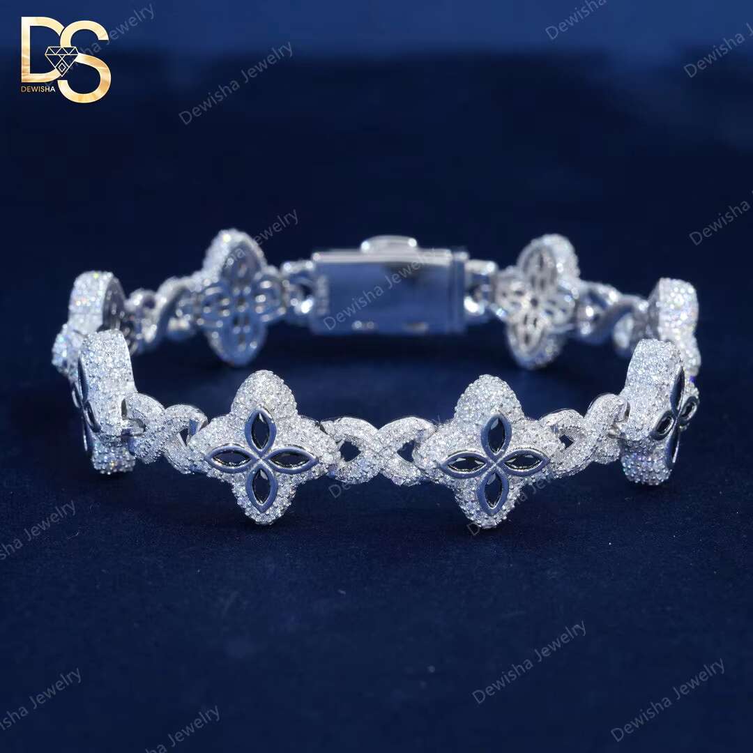 Hip Hop Jewelry 15mm Marquise Flower Design Iced Out Unisex Moissanite Cuban Link Chain 925 Silver Moissanite Bracelet