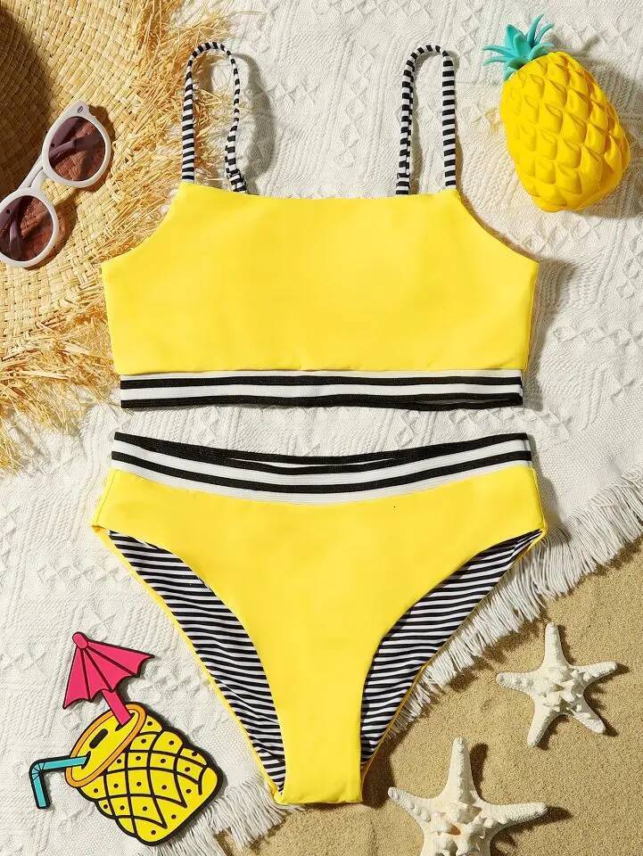 Tape Trim Girl Swimsuit Kids Sport Two Piece Children's Swimwear 7-14 Years Teenage Bikini Set Girls Bathing Suit Beachwear