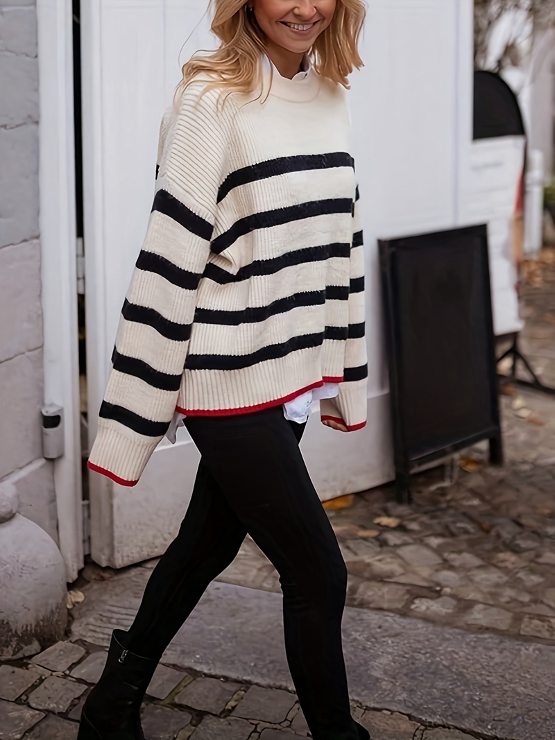Contrasting striped pullover ladies sweater women autumn and winter new European and American leisure long-sleeved sweater women