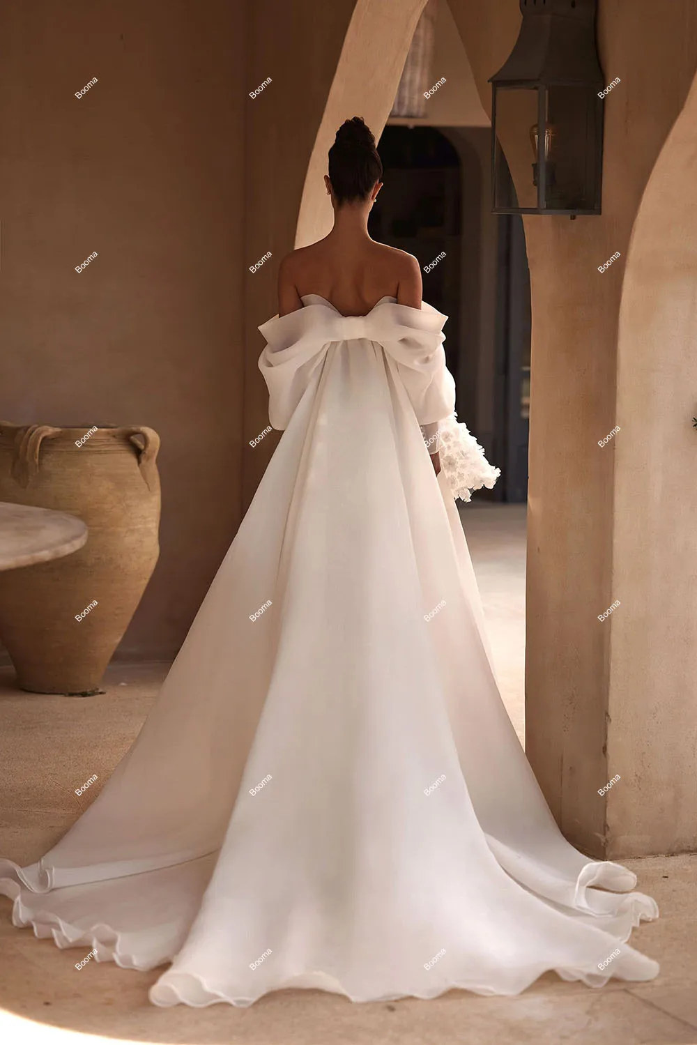 Short A-Line Wedding Dresses Puff Sleeves White 3D Flowers Lace with Detachable Train Bridals Gowns Customize
