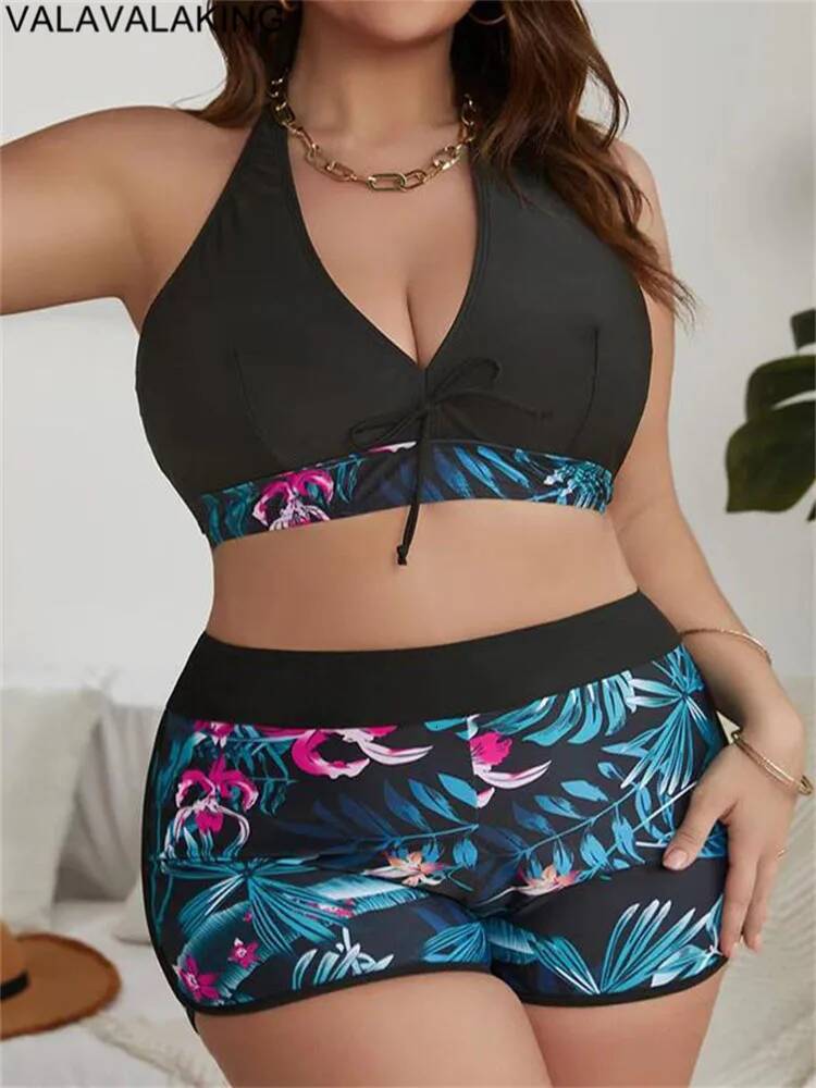 2025 Patchwork Two Piece Plus Size Bikini Women Tied Halter Large Swimsuit Push Up Lady Chubby Swimwear Beach Curvy Bathing Suit