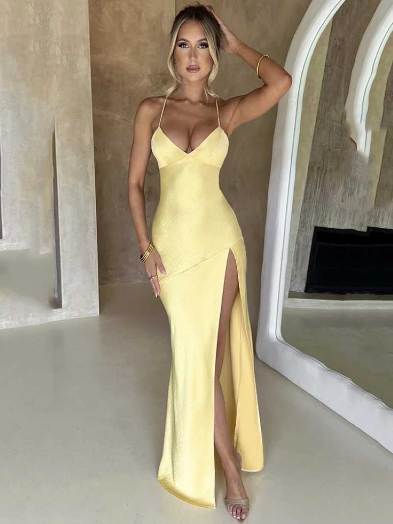 Summer new fashionable womens sexy V-neck camisole slit mid length dress satin elegant backless dance party evening dress XJ250610