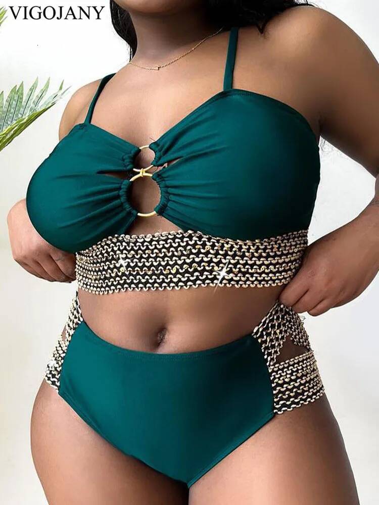 VigoJany 2025 Patchwork Hollow Two Piece Plus Size Bikini Women Strapped High Waist Swimsuit Brazilian Beach Lady Bathing Suit