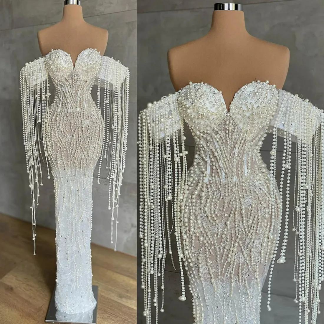 Stunning Tassels Beaded Wedding Dress Luxury Off The Shoulder Mermaid Bridal Gown Fashion Pearls Bride Dresses Customized