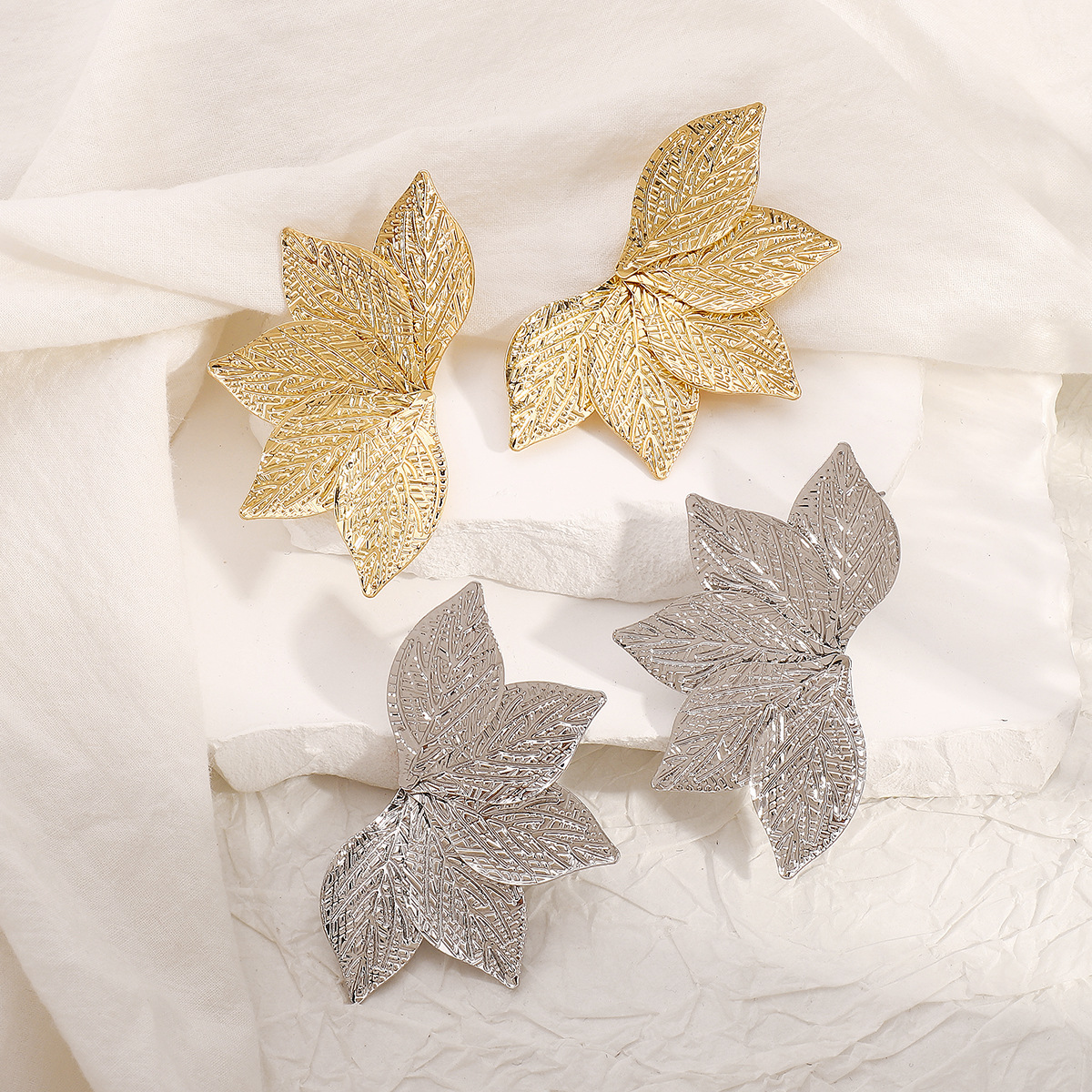 European American Geometric Leaf Textured Earrings Bold Vintage Heavy Metal Style Statement Studs for Women